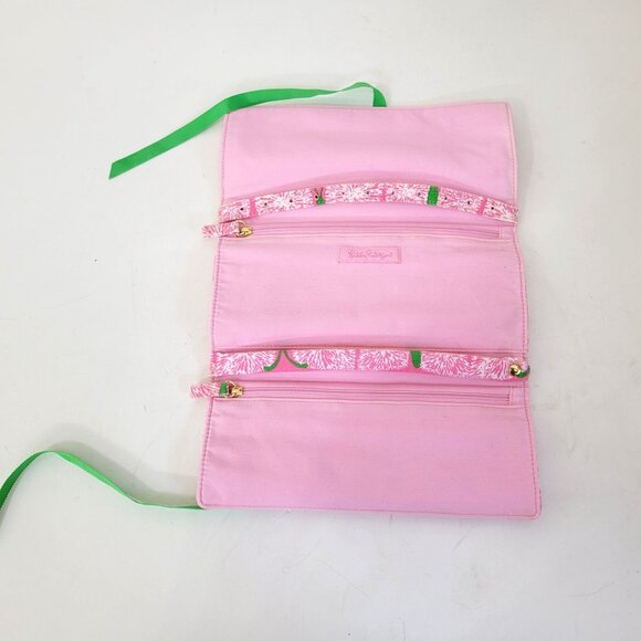 Lilly Pulitzer Pink & Green Travel Jewelry Roll Case With Zippered Pockets - Picture 3 of 5